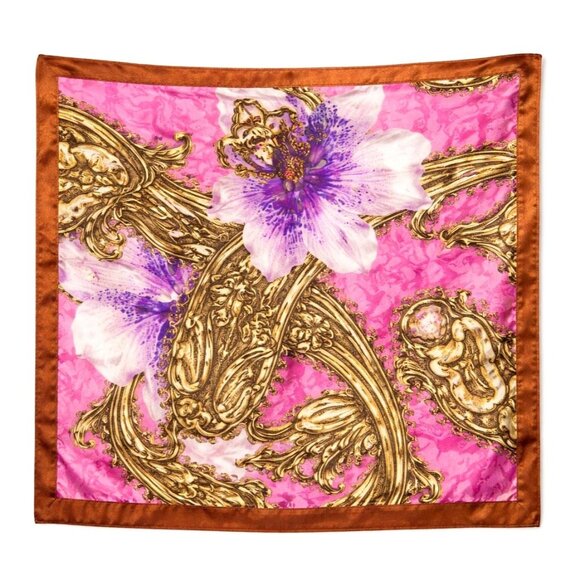 Flower Barn Accessories - Pink Floral Satin Scarf 20x20 Women's Hair Tie Neck Wrist Wrap